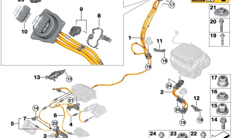 Cableado de alta tensión para toma de carga Combo OEM 61125B39C73 para BMW G26 (i4 eDrive35, i4 eDrive40, i4 M50). Original BMW.