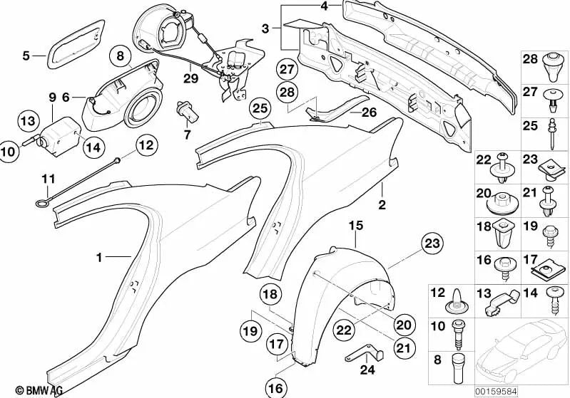 Cubierta del paso de rueda trasero derecho para BMW E65, E66 (OEM 51717136682). Original BMW.