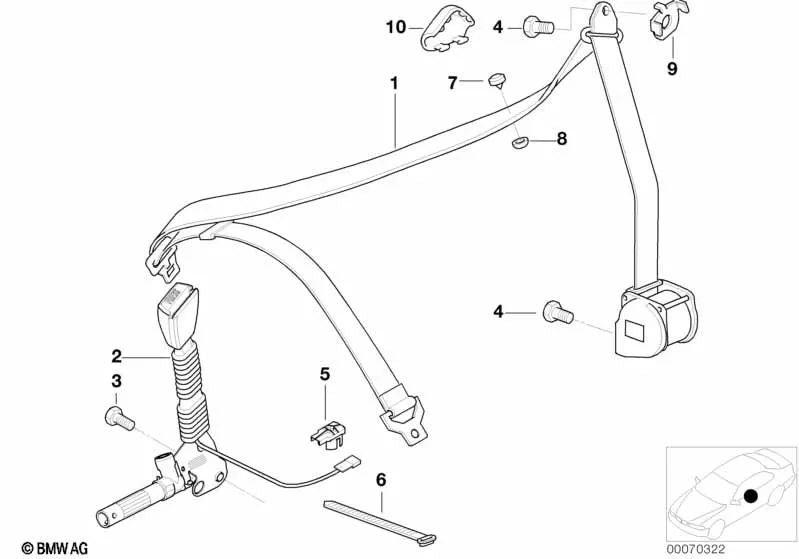 Cinturón inferior con tensor derecho para BMW F07, F10, F11, F06, F12, F13, F01N, F02N (OEM 72118261652). Original BMW.