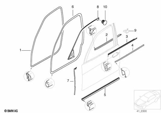 Door groove seal, front left pillar for BMW E38 (OEM 51218125595). Original BMW.