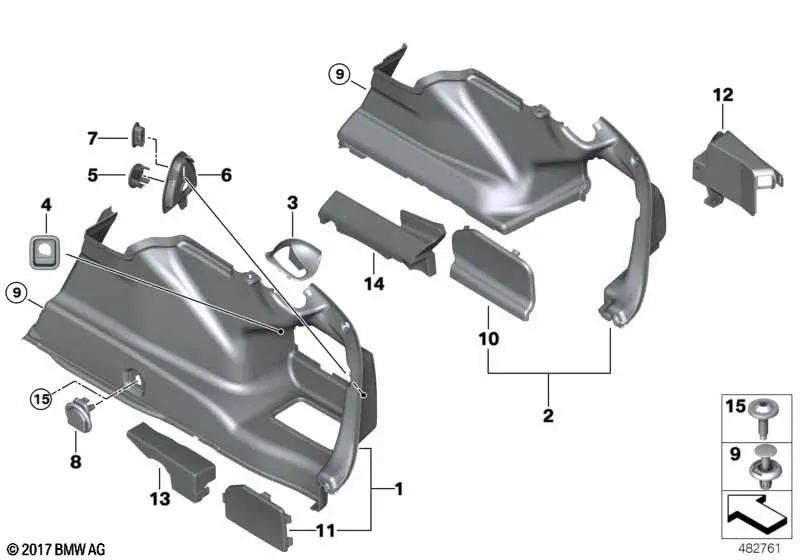 Rechte Kofferraumverkleidung für BMW G30, G30N (OEM 51477481114). Original BMW