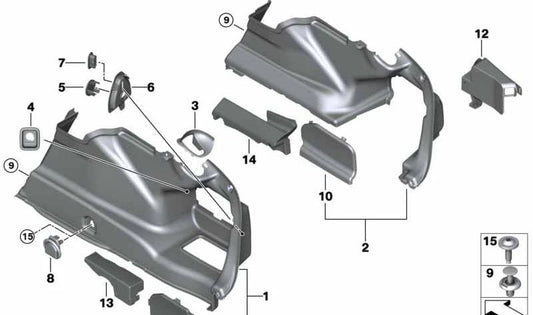 Revestimiento del maletero derecho para BMW Serie 5 F90, G30 (OEM 51477373570). Original BMW.