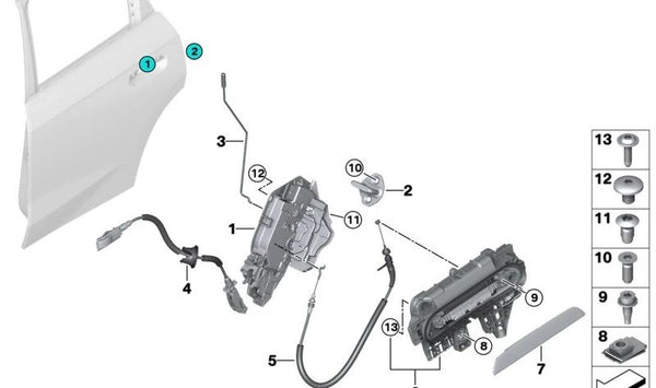 Varilla de activación puerta trasera izquierda para BMW U11 (OEM 51229879341). Original BMW.