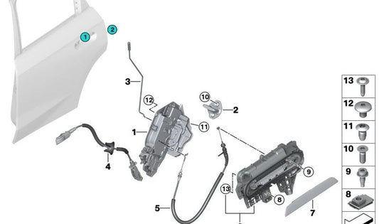 Cerradura trasera izquierda OEM 51227445053 para BMW F40, G20, G21, G28, G80, G26. Original BMW.