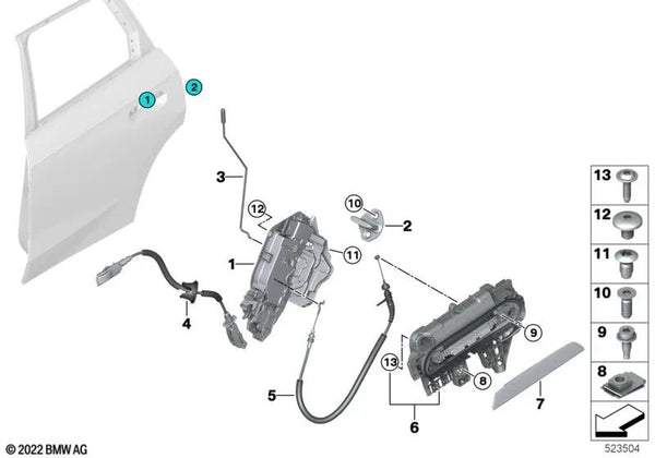 Cerradura del sistema trasera izquierda para BMW F40, G20, G21, G28, G80, G81, G26, U11 (OEM 51227445045). Original BMW