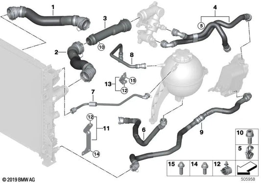 Manguera del radiador de refrigerante para BMW X3 G01, G01N, X4 G02, G02N (OEM 17128596055). Original BMW