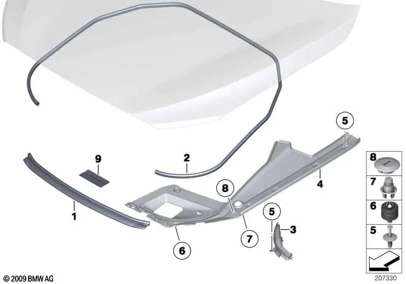 Sello de montaje trasero derecho para BMW F07, F07N (OEM 51767042984). Original BMW.