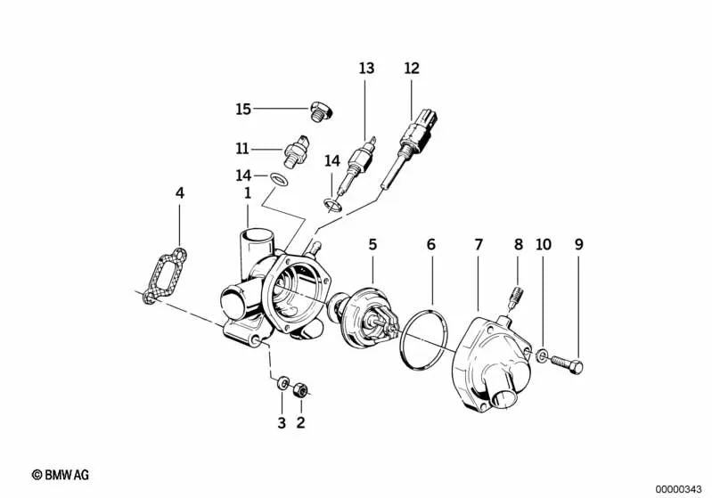 Thermostat housing for BMW 3 Series E21, 5 Series E12, E28 (OEM 11531268936). Original BMW.