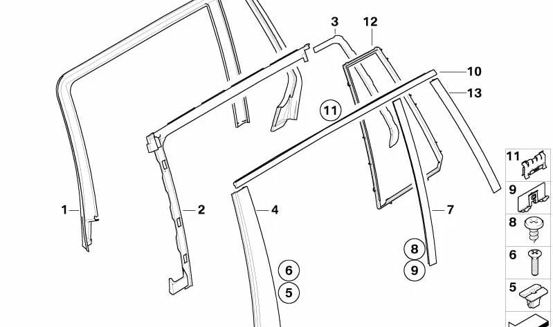 Moldura guía de ventana derecha para BMW Serie 5 E61, E61N (OEM 51357044190). Original BMW