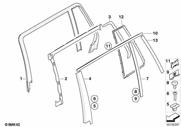 Abdichtung Schliessblech puerta trasera derecha para BMW E61, E61N (OEM 51357044184). Original BMW.