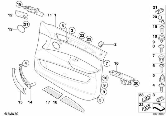 Revestimiento de puerta de cuero delantero izquierdo para BMW E71, E72 (OEM 51419176329). Original BMW.