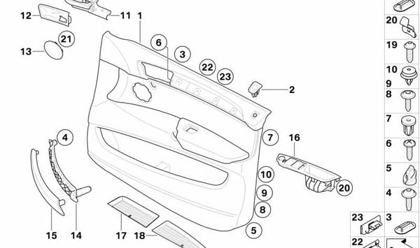 Revestimiento de puerta de cuero delantero derecho para BMW E71, E72 (OEM 51417244908). Original BMW