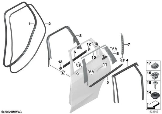 Guía de ventana pilar C derecho para BMW U11 (OEM 51359451608). Original BMW.