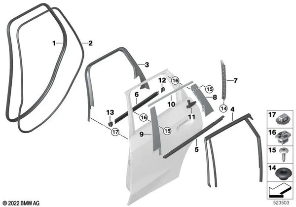 Guía de ventana puerta trasera izquierda para BMW U11 (OEM 51359451541). Original BMW