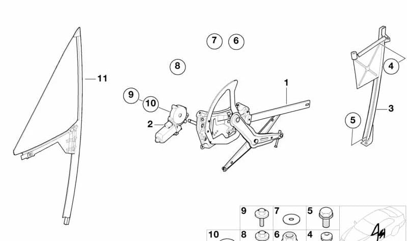 Guida di vetro anteriore destra OEM 51328399162 per BMW E36, Z3. BMW originale.