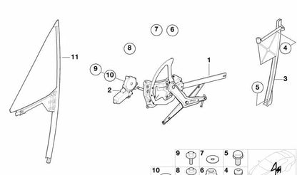 Front right glass guide OEM 51328399162 for BMW E36, Z3. Original BMW.