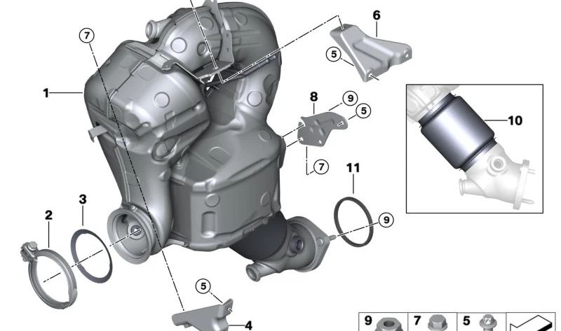 Soporte para catalizador cercano al motor para BMW G20, G21, G22, G23, G26, G30N, G31N, G32N, G11N, G12N, G14, G15, G16, G01, G02, G05, G06, G07 (OEM 18327925997). Original BMW.