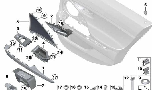 Cubierta de puerta en aluminio pulido izquierda para BMW Serie 6 F06, F06N (OEM 51427291431). Original BMW