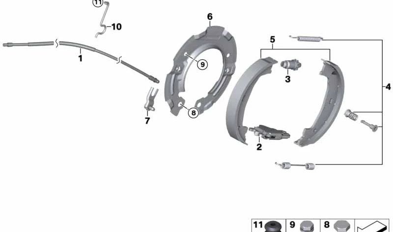 Aro de sujeción para zapatas de freno para BMW E81, E82, E87, E88, F20, F21, F22, F23, E90, E91, E92, E93, F30, F31, F32, F36 (OEM 34216771429). Original BMW