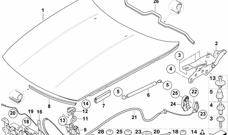 Amortiguador de gas para capó delantero para BMW E85, E86 (OEM 51237016178). Original BMW