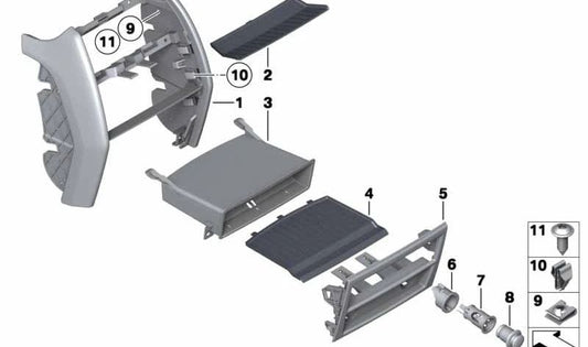 Embellecedor consola central trasera OEM 51169171269 para BMW F01, F02, F04. Original BMW.