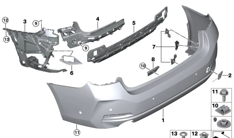 Soporte lateral derecho del parachoques OEM 51125A1CC66 para BMW G21. Original BMW.