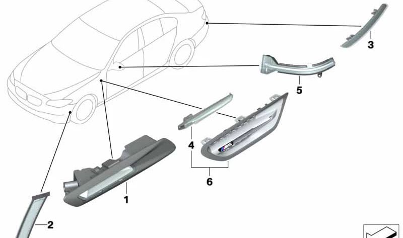 Reflector lateral derecho OEM 63147203266 para BMW F10, F06, F12, F13. Original BMW.