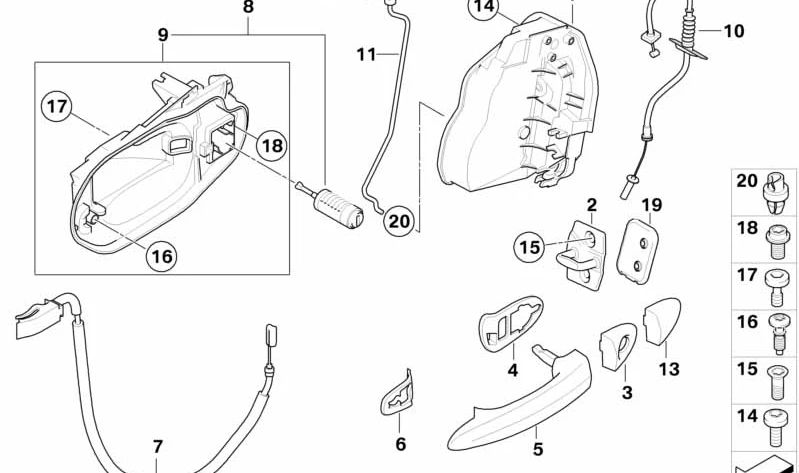 Front right door release rod for BMW E83N (OEM 51223449108). Original BMW.