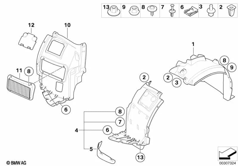 Cubierta del paso de rueda parte inferior derecha para BMW E82, E88 (OEM 51717194459). Original BMW