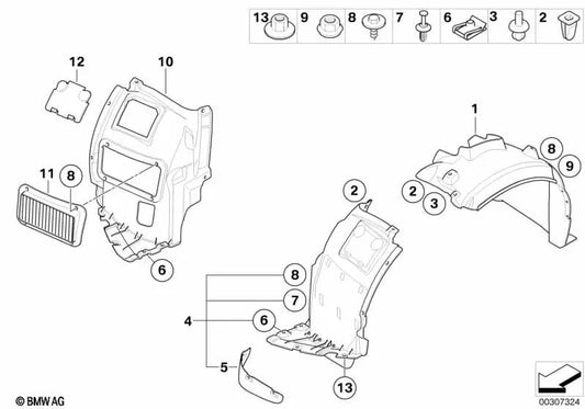 Cubierta guardabarros inferior derecha para BMW E82 (OEM 51718051592). Original BMW