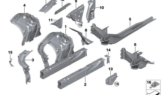 Soporte delantero izquierdo del paso de rueda OEM 41007446669 para BMW F90, G30, G31, G38, G60, G61, G68, G90, F91, F92, F93, G14, G15, G16. Original BMW.