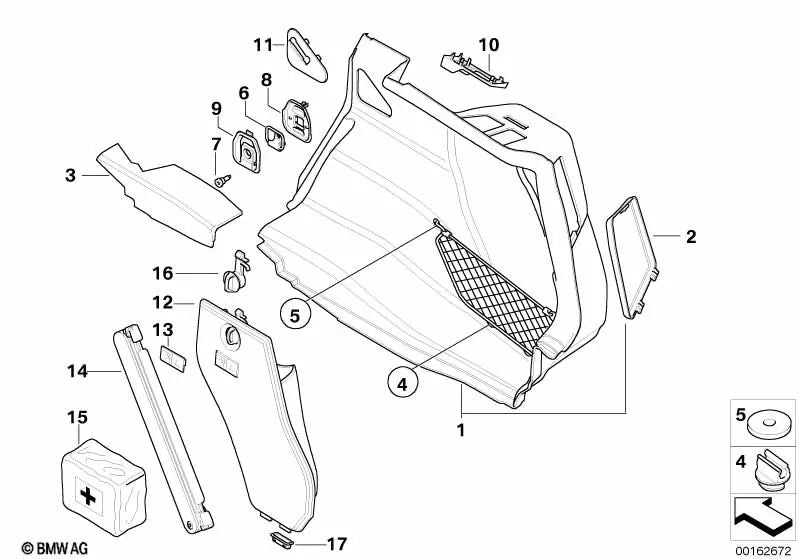 Caja de Empuñadura Giratoria Triángulo de Emergencia/Botiquín de Primeros Auxilios para BMW Serie 1 E81, E87, E87N (OEM 51476979460). Original BMW