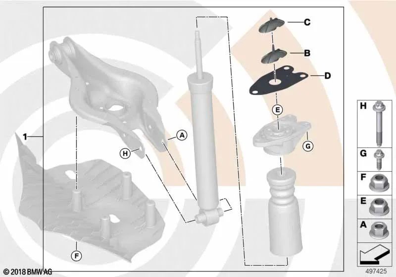 Rear shock absorber mounting kit for BMW 1 Series F20, F21; Series 2 F22, F23; Series 3 F30, F31, F34, F35; Series 4 F32, F33 (OEM 33522467121). Genuine BMW.