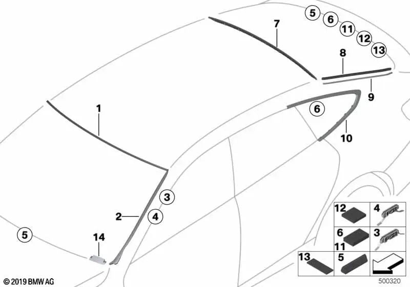 Liste der hinteren Dachdichtungen für BMW F36, F36N (OEM 51767315969). Original BMW