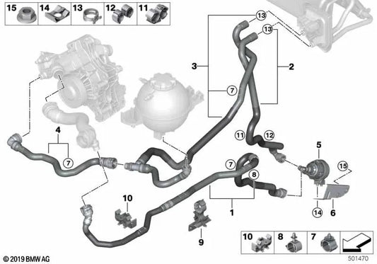 Return coolant hose 2 for BMW X3 F97, F97N. Genuine BMW (OEM 64219503838)