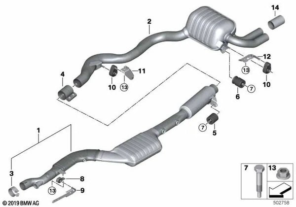 Soporte silenciador trasero izquierdo para BMW Serie 3 F30, F31, F34 (OEM 18308570272). Original BMW