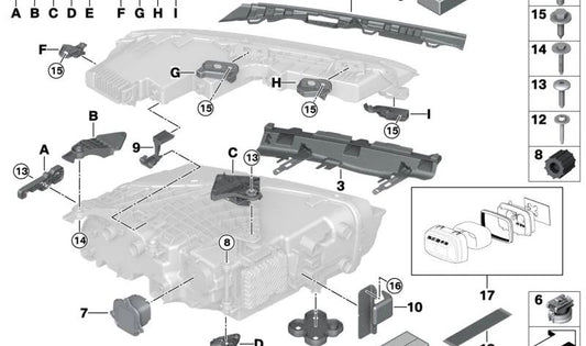 Kit de reparación de soporte faro delantero superior izquierdo OEM 63115A5F631 para BMW Serie 3 (G20, G21), Serie 4 (G22, G23, G26). Original BMW.