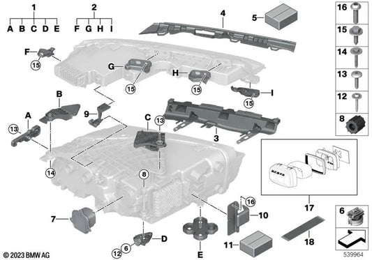 Upper left headlight bracket for BMW 7 Series G70 (OEM 63115A5F633). Original BMW