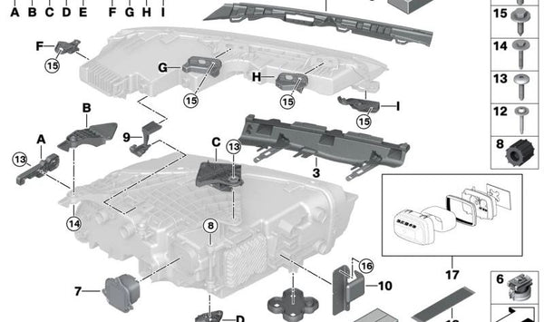 Soporte inferior derecho de faro OEM 63115A5F636 para BMW F20, F21, F22, F23, F30, F31, F32, F33, F34, F36. Original BMW.