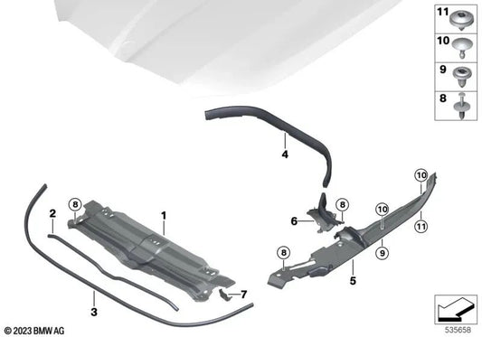 Cubierta del compartimento del motor en el centro delantero para BMW Serie 5 G60 (OEM 51765A12203). Original BMW.