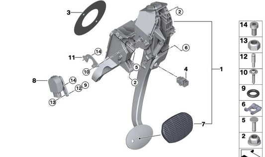 Kompletter Pedalsatz für BMW 1er F40, 2er F44, F45, F46, X1 F48, X2 F39 (OEM 35006856600). Original BMW