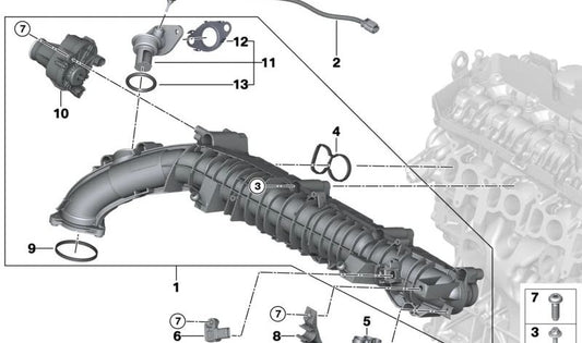 Sistema de admisión-AGR con control de aletas para BMW Serie 5 G30, G31, Serie 6 G32, Serie 7 G11, G12, X3 G01, X4 G02 (OEM 11618477030). Original BMW