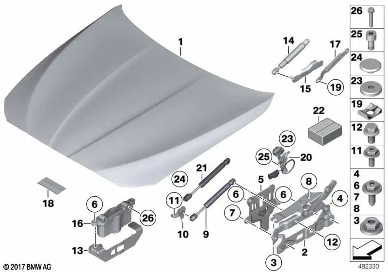 Soporte amortiguador de gas derecho para BMW F10, F11, F18, F06, F12, F13, F01, F02, F04 (OEM 51237306978). Original BMW