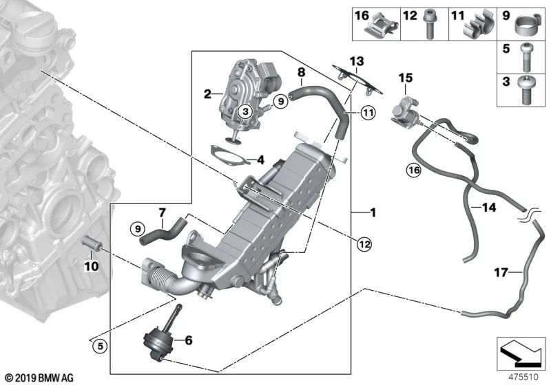 Enfriador de Gases de Escape de Alta Temperatura para BMW F20N, F21N, F22, F23, F30, F31, F34, F32, F33, F36, F10N, F11N, G30, G31, G11, G12, G01, G02 (OEM 11717822347). Original BMW