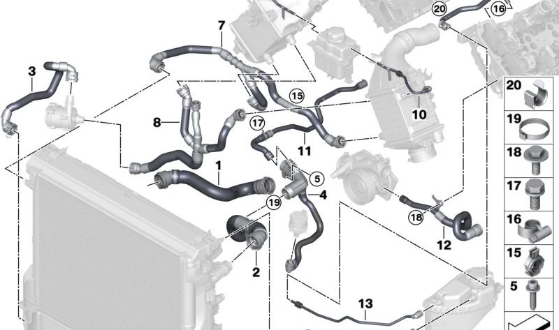 Coolant Radiator Hose for BMW X5 F95, G05, X6 F96, G06, X7 G07 (OEM 17129894775). Genuine BMW