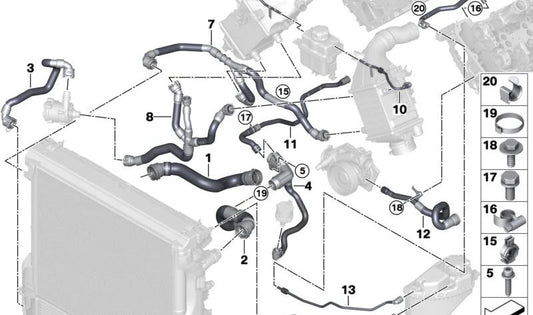 Coolant Radiator Hose for BMW X5 F95, G05, X6 F96, G06, X7 G07 (OEM 17129894775). Genuine BMW