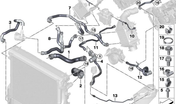 Manguera del radiador de refrigerante para BMW X5 F95, G05, X6 F96, G06, X7 G07 (OEM 17129894775). Original BMW