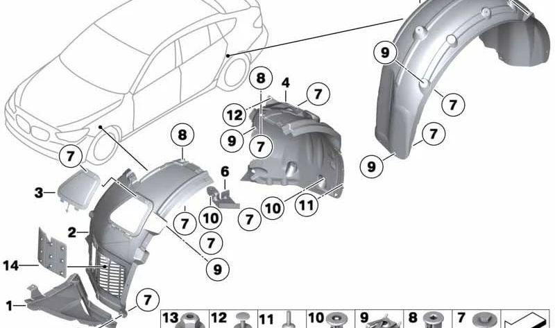 Rear right wheel arch cover for BMW 5 Series F07, F07N (OEM 51717193504). Original BMW