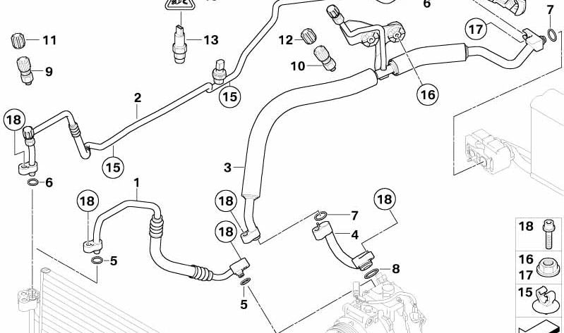 Tubería de Alta Presión Compresor-Condensador para BMW Serie 5 E60, E61 (OEM 64536911951). Original BMW