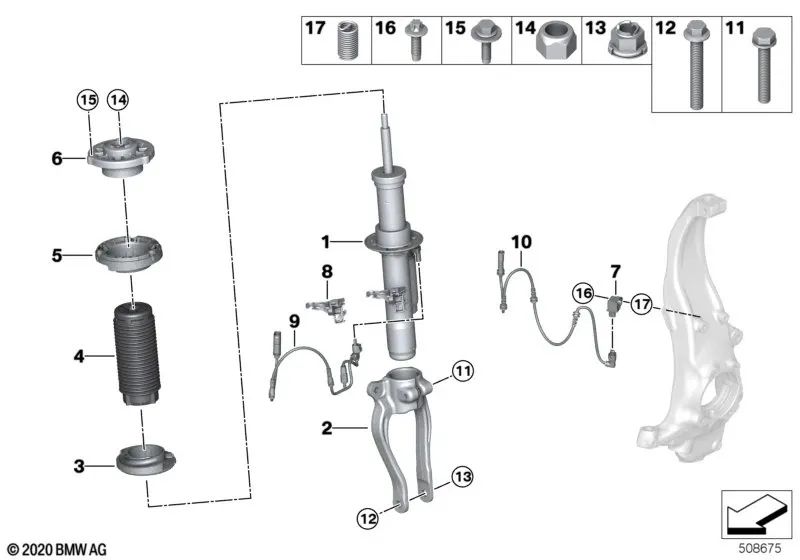 Front right shock absorber for BMW 5 Series G30, G30N (OEM 37106866406). Original BMW.